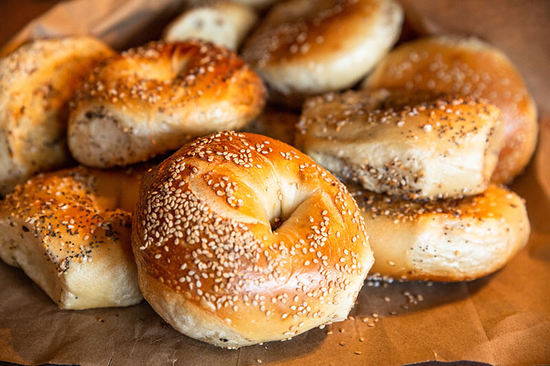Assortment of authentic fresh baked New York style bagels with s