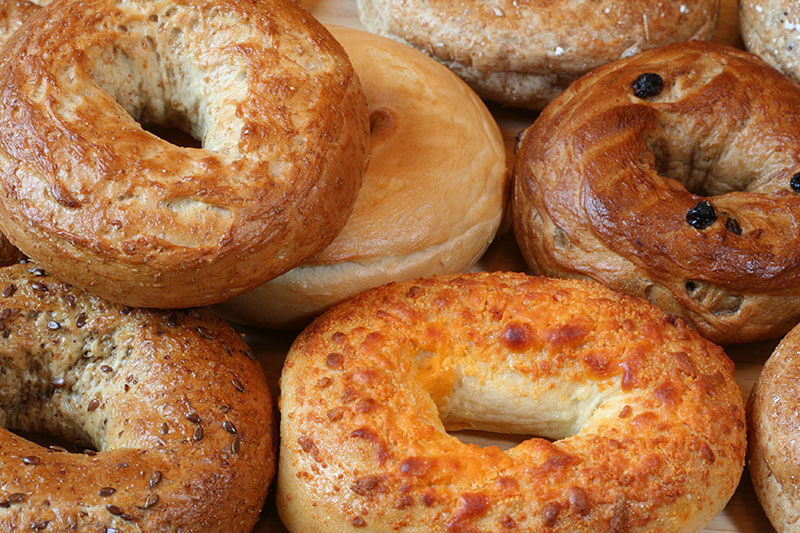A variety of healthy freshly baked bagels.